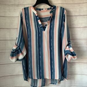 P.S. Love Blue and Pink Striped Long Sleeve Shirt Roll Tab Long Sleeves Size L